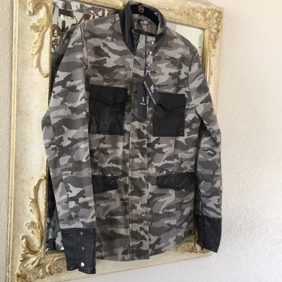 Brooke & Goldie jacket. NWT. Canvas body. Leather trim. Black/gray camo print. S - Picture 1 of 6